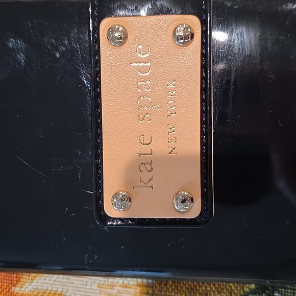 Kate Spade Black Patent Leather Clutch with Tan Logo Plate - Picture 1 of 11